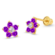 14k Yellow Gold Flower CZ Children Screwback Baby Girls Earrings