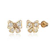 14k Yellow Gold Ribbon CZ Children Screwback Baby Girls Earrings
