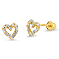 14k Yellow Gold Open Heart CZ Children Screwback Baby Girls Earrings