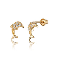 14k Yellow Gold Dolphin CZ Children Screwback Baby Girls Stud Earrings