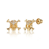 14k Yellow Gold Skull CZ Children Screwback Baby Girls Stud Earrings