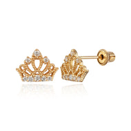 14k Yellow Gold Princess Crown CZ Children Screwback Baby Girls Stud Earrings