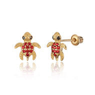 14k Yellow Gold Turtle CZ Children Screwback Baby Girls Stud Earrings