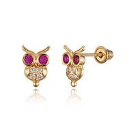 14k Yellow Gold Red Owl CZ Children Screwback Baby Girls Stud Earrings