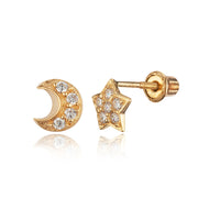 14k Yellow Gold Moon Star CZ Children Screwback Baby Girls Stud Earrings