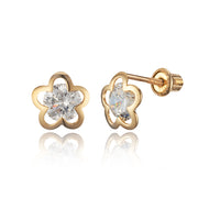 14k Yellow Gold Flower Star CZ Children Screwback Baby Girls Stud Earrings