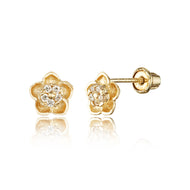 14k Yellow Gold CZ Flower CZ Children Screwback Baby Girls Earrings