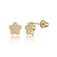 14k Yellow Gold Star Flower CZ Children Screwback Baby Girls Earrings