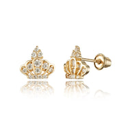 14k Yellow Gold Princess Crown CZ Children Screwback Baby Girls Earrings