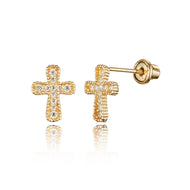 14k Yellow Gold Cross CZ Children Screwback Baby Girls Earrings