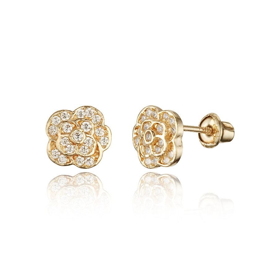 14k Yellow Gold Rose CZ Children Screwback Baby Girls Earrings