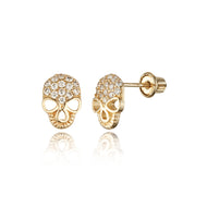 14k Yellow Gold Skull CZ Children Screwback Baby Girls Earrings