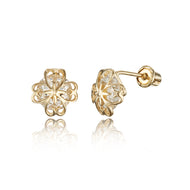 14k Yellow Gold Clover Flower CZ Children Screwback Baby Girls Earrings