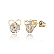 14k Yellow Gold Open Heart CZ Children Screwback Baby Girls Earrings
