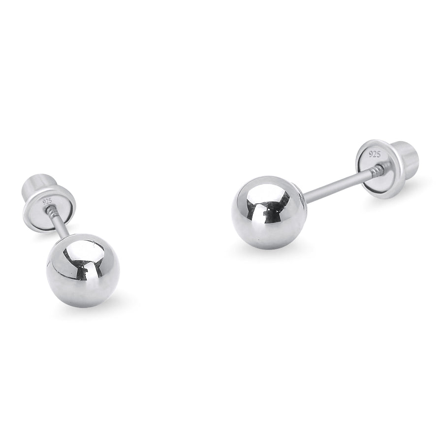 925 Sterling Silver Rhodium Plated 3-6mm Plain Ball Screwback Baby Girl Earrings