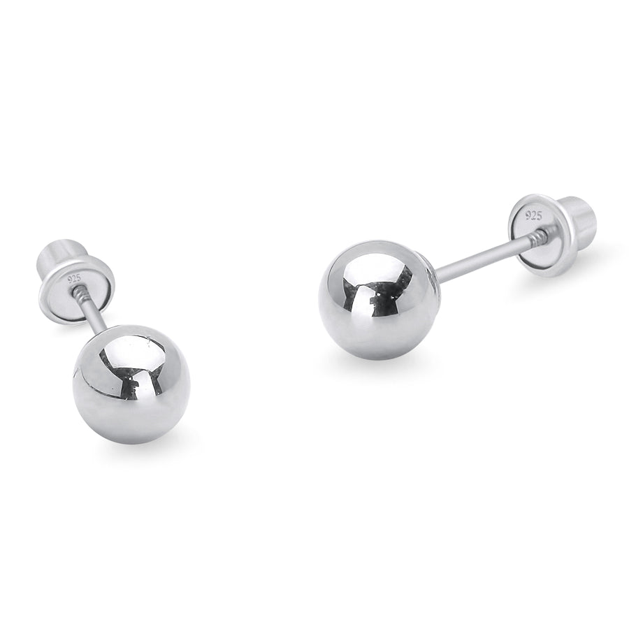 925 Sterling Silver Rhodium Plated 3-6mm Plain Ball Screwback Baby Girl Earrings