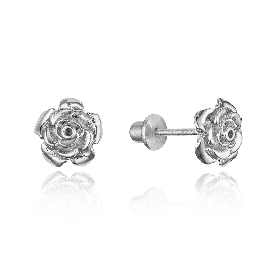 925 Sterling Silver Rhodium Plated Rose Flower CZ Screwback Baby Girls Earrings