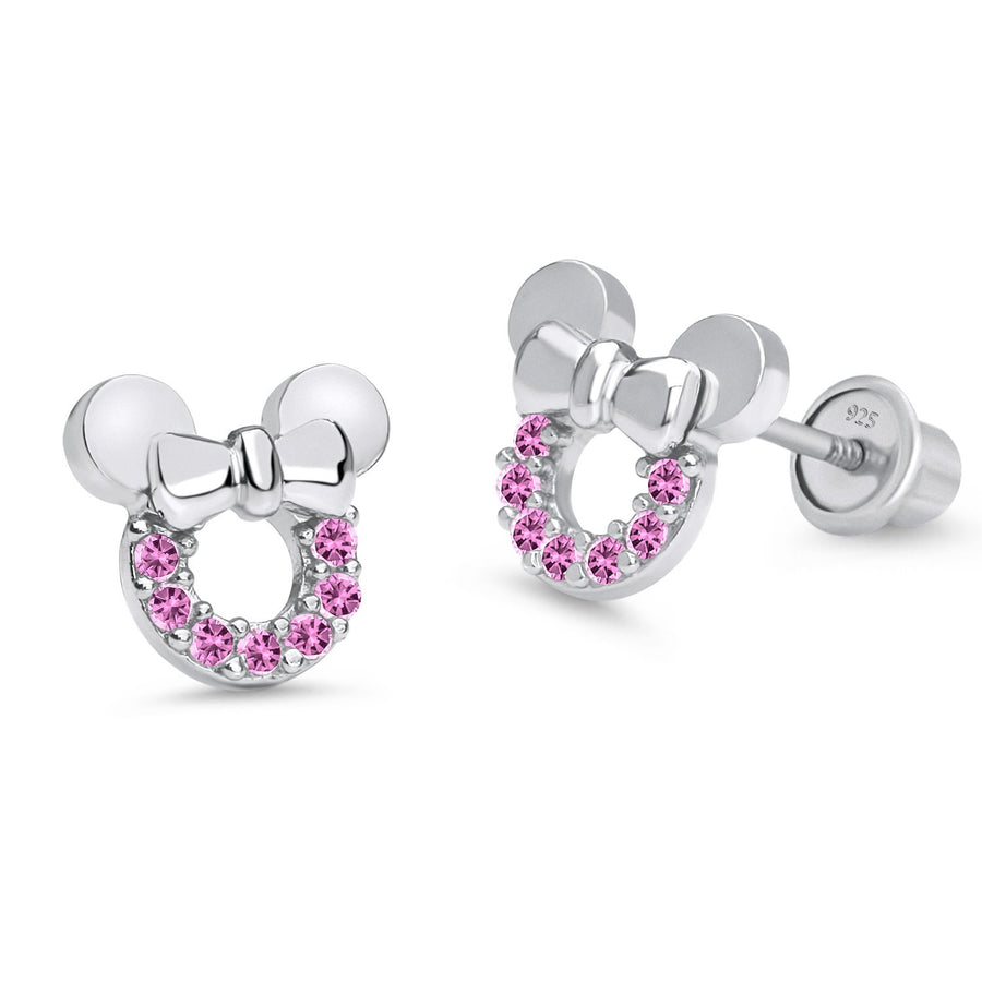 925 Sterling Silver Rhodium Plated Mouse CZ Screwback Baby Girls Earrings