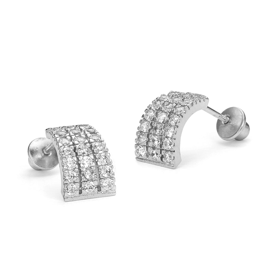 925 Sterling Silver Rhodium Plated 3 Line Channel CZ Screwback Baby Girl Earring