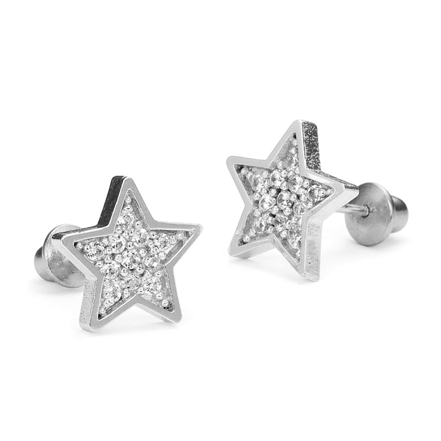 925 Sterling Silver Rhodium Plated Star Pave CZ Screwback Baby Girls Earrings