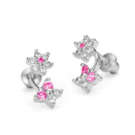 925 Sterling Silver Rhodium Plated Flower Butterfly CZ Screwback Girls Earrings