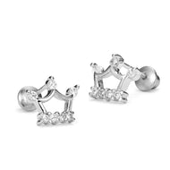 925 Sterling Silver Rhodium Plated Princess Crown CZ Screwback Girls Earrings