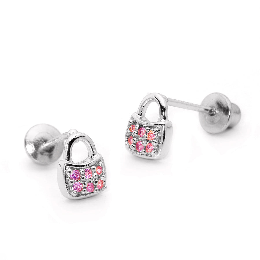 925 Sterling Silver Rhodium Plated Pink Handbag CZ Screwback Baby Girls Earrings