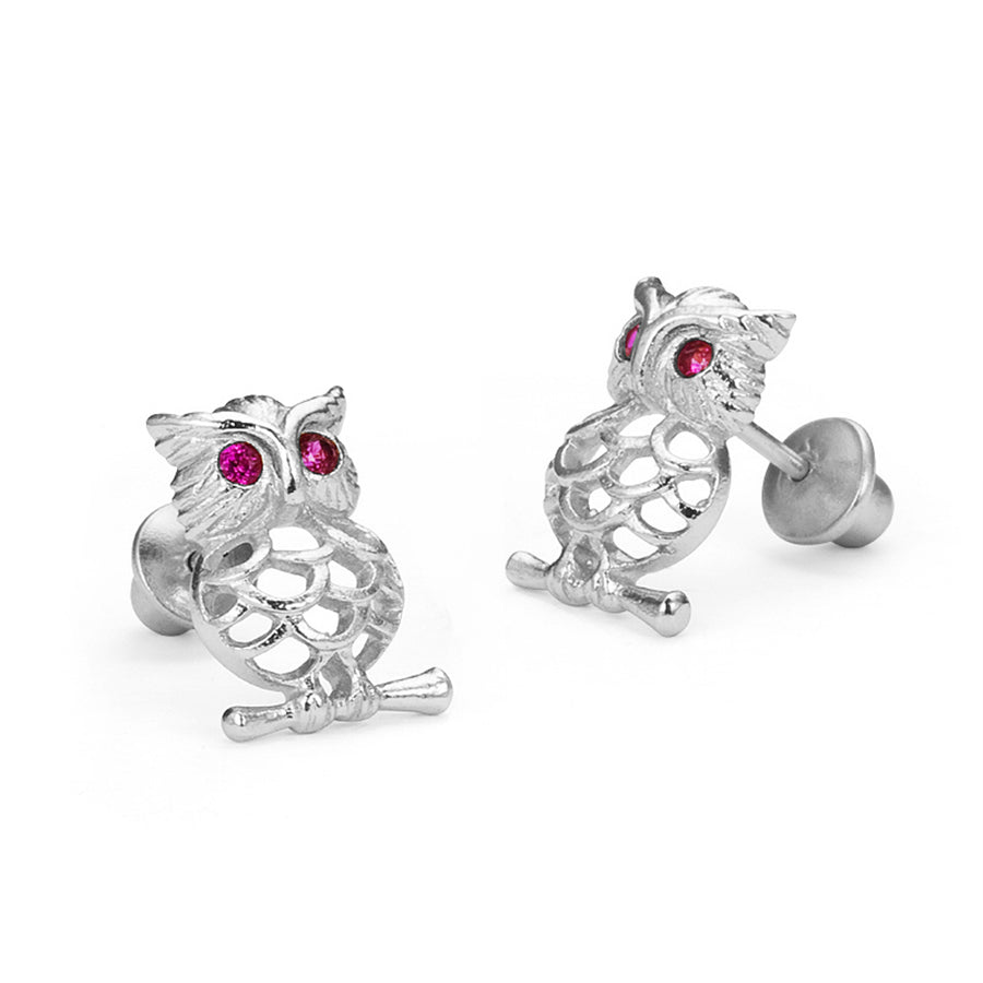 925 Sterling Silver Rhodium Plated Owl CZ Screwback Baby Girls Earrings