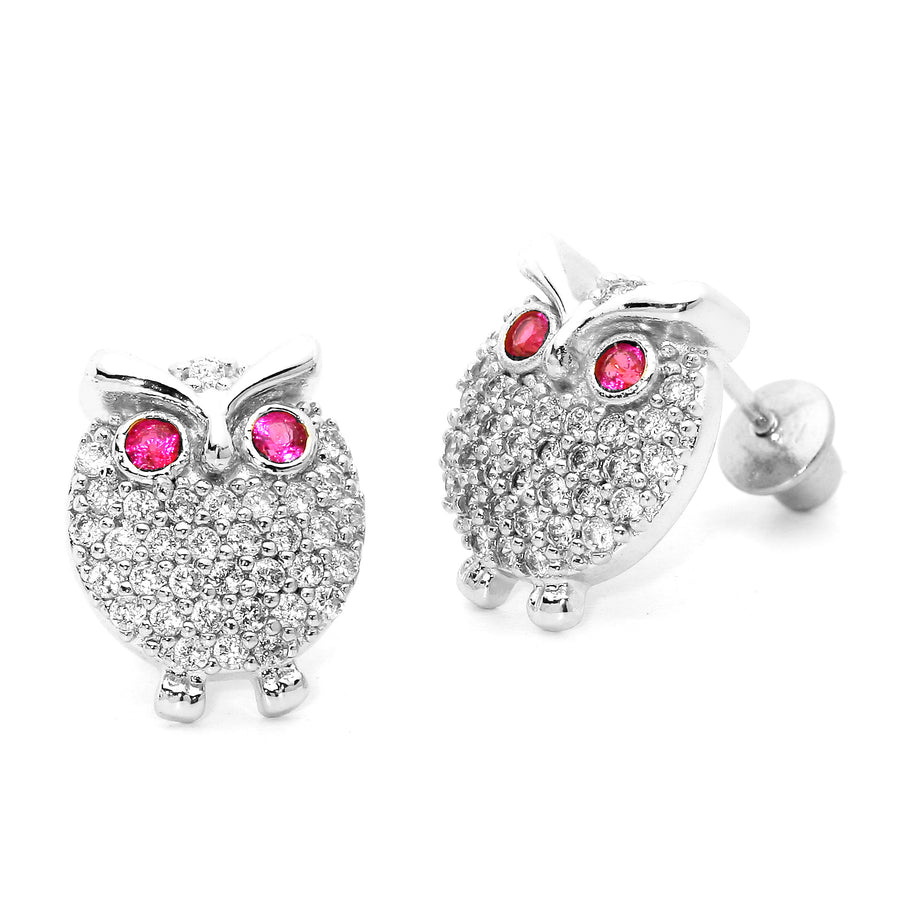 925 Sterling Silver Rhodium Plated Cute Owl CZ Screwback Baby Girls Earrings
