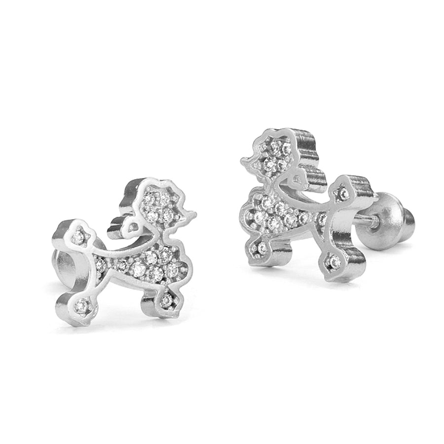 925 Sterling Silver Rhodium Plated Poodle CZ Screwback Baby Girls Earrings