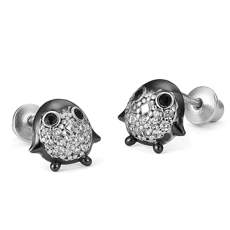 925 Sterling Silver Rhodium Plated Penguin CZ Screwback Baby Girls Earrings
