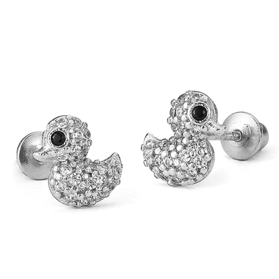 925 Sterling Silver Rhodium Plated Duck CZ Screwback Baby Girls Earrings