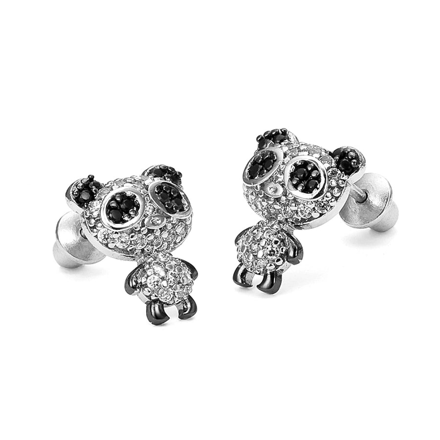 925 Sterling Silver Rhodium Plated Panda CZ Screwback Baby Girls Earrings
