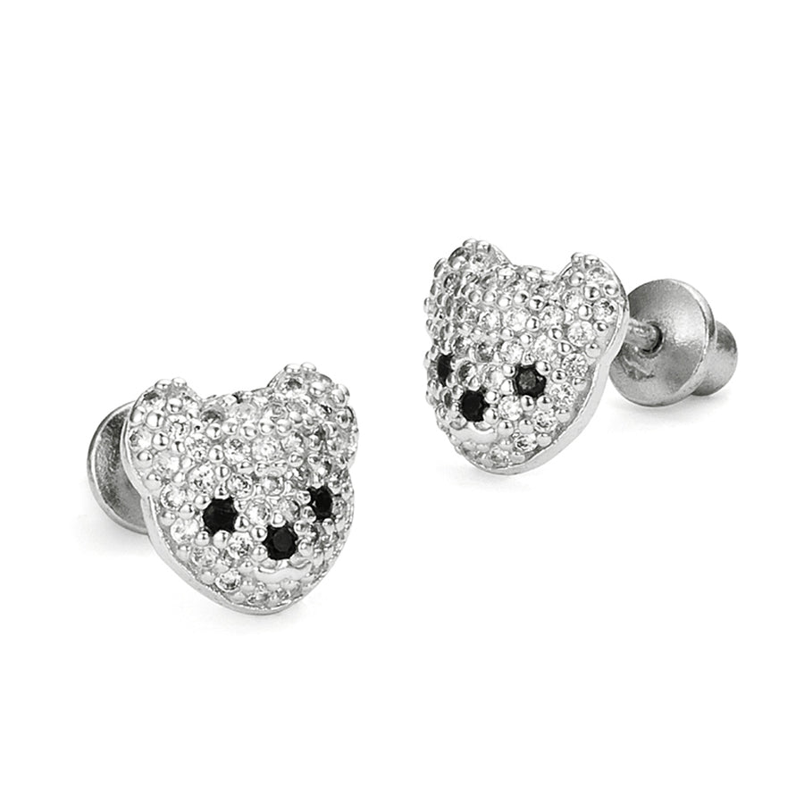 925 Sterling Silver Rhodium Plated Teddy Bear CZ Screwback Baby Girls Earrings