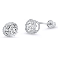 925 Sterling Silver Rhodium Plated 4mm Bezel CZ Screwback Baby Girls Earrings