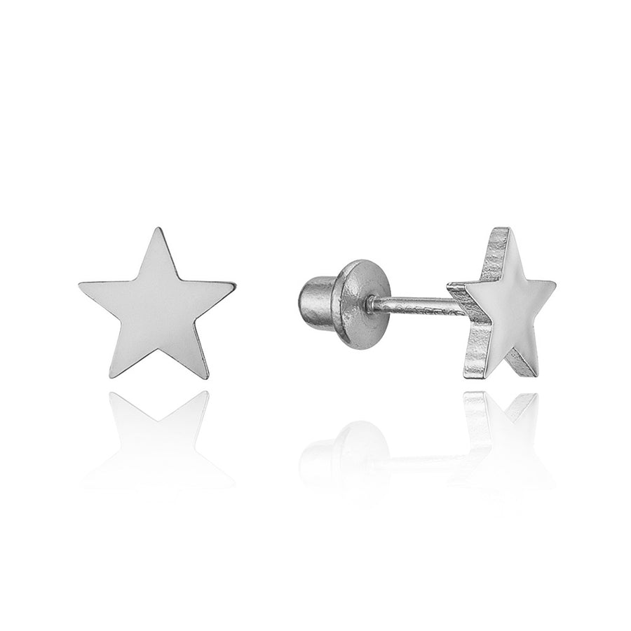 925 Sterling Silver Rhodium Plated Plain Star Screwback Baby Girls Earrings