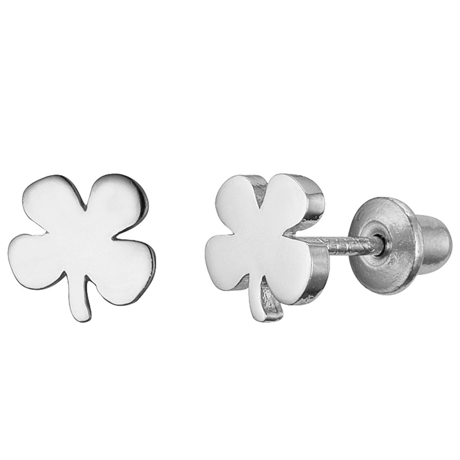 925 Sterling Silver Rhodium Plated Clover Screwback Baby Girls Earrings