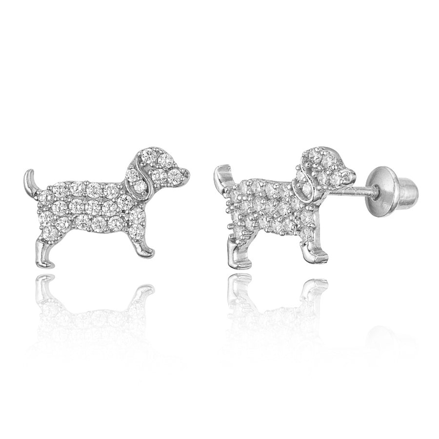 925 Sterling Silver Rhodium Plated Puppy Dog CZ Screwback Baby Girls Earrings