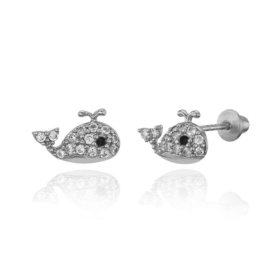 925 Sterling Silver Rhodium Plated Baby Whale CZ Screwback Baby Girls Earrings