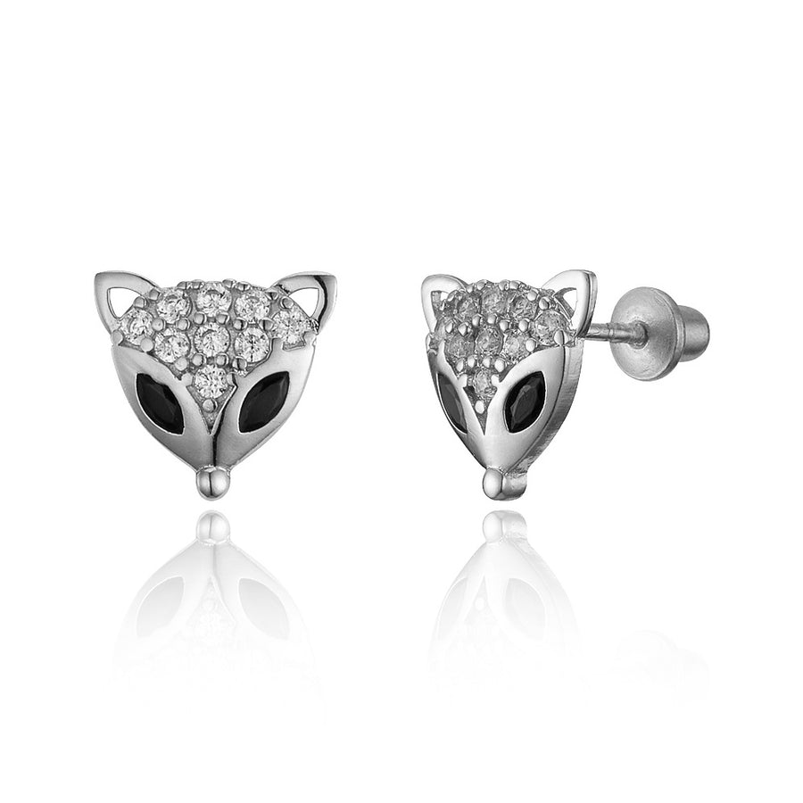 925 Sterling Silver Rhodium Plated Fox CZ Screwback Baby Girls Earrings