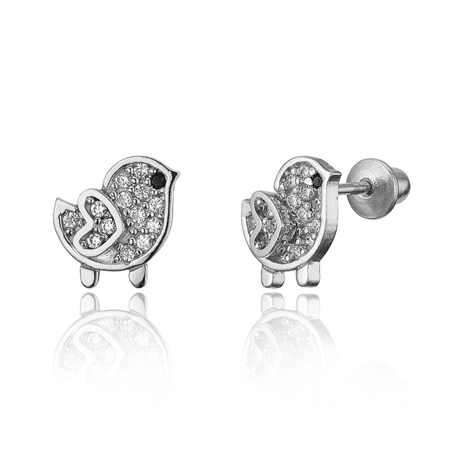 925 Sterling Silver Rhodium Plated Chick CZ Screwback Baby Girls Earrings