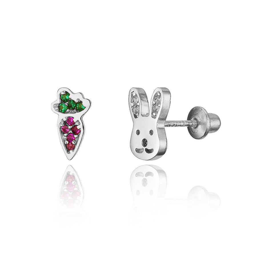 925 Sterling Silver Rhodium Plated Rabbit Carrot CZ Screwback Baby Girls Earrings
