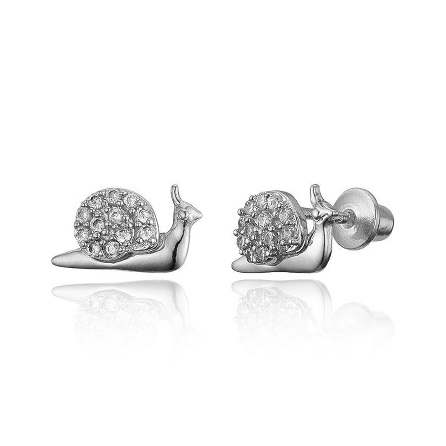 925 Sterling Silver Rhodium Plated Snail CZ Screwback Baby Girls Earrings