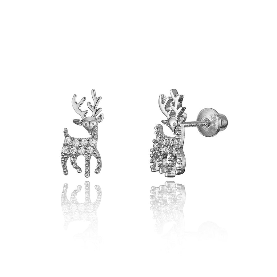 925 Sterling Silver Rhodium Plated Deer CZ Screwback Baby Girls Earrings