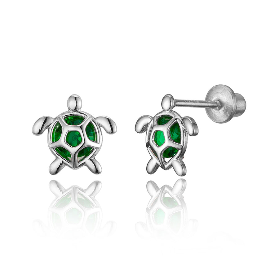 925 Sterling Silver Rhodium Plated Green Turtle CZ Screwback Baby Girls Earrings