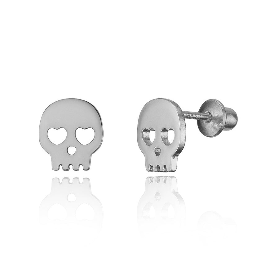 925 Sterling Silver Rhodium Plated Skull CZ Screwback Baby Girls Earrings