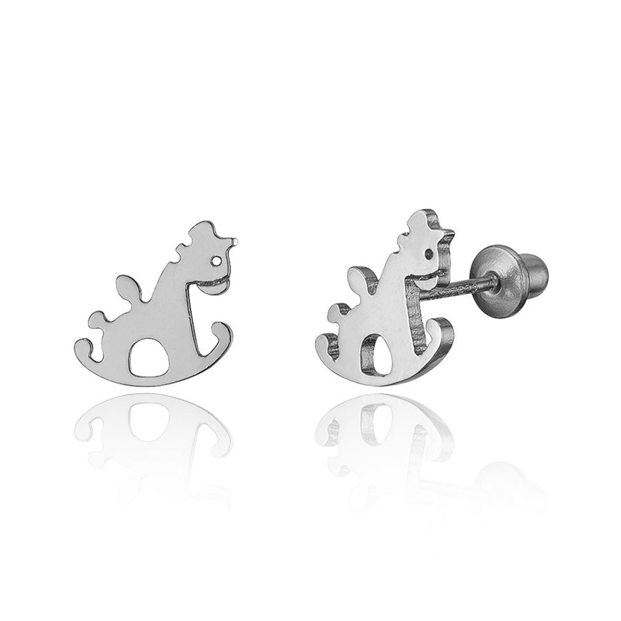 925 Sterling Silver Rhodium Plated Horse CZ Screwback Baby Girls Earrings