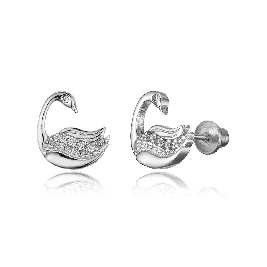 925 Sterling Silver Rhodium Plated Swan CZ Screwback Baby Girls Earrings