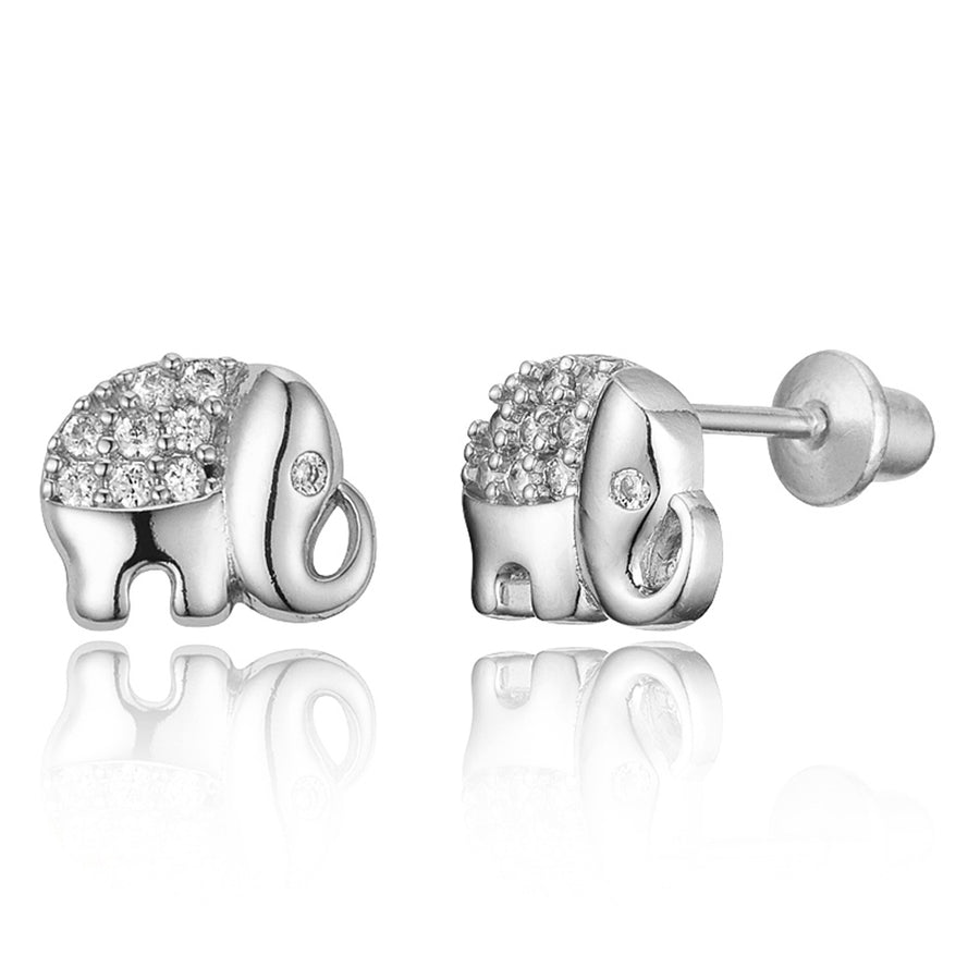 925 Sterling Silver Rhodium Plated Elephant CZ Screwback Baby Girls Earrings