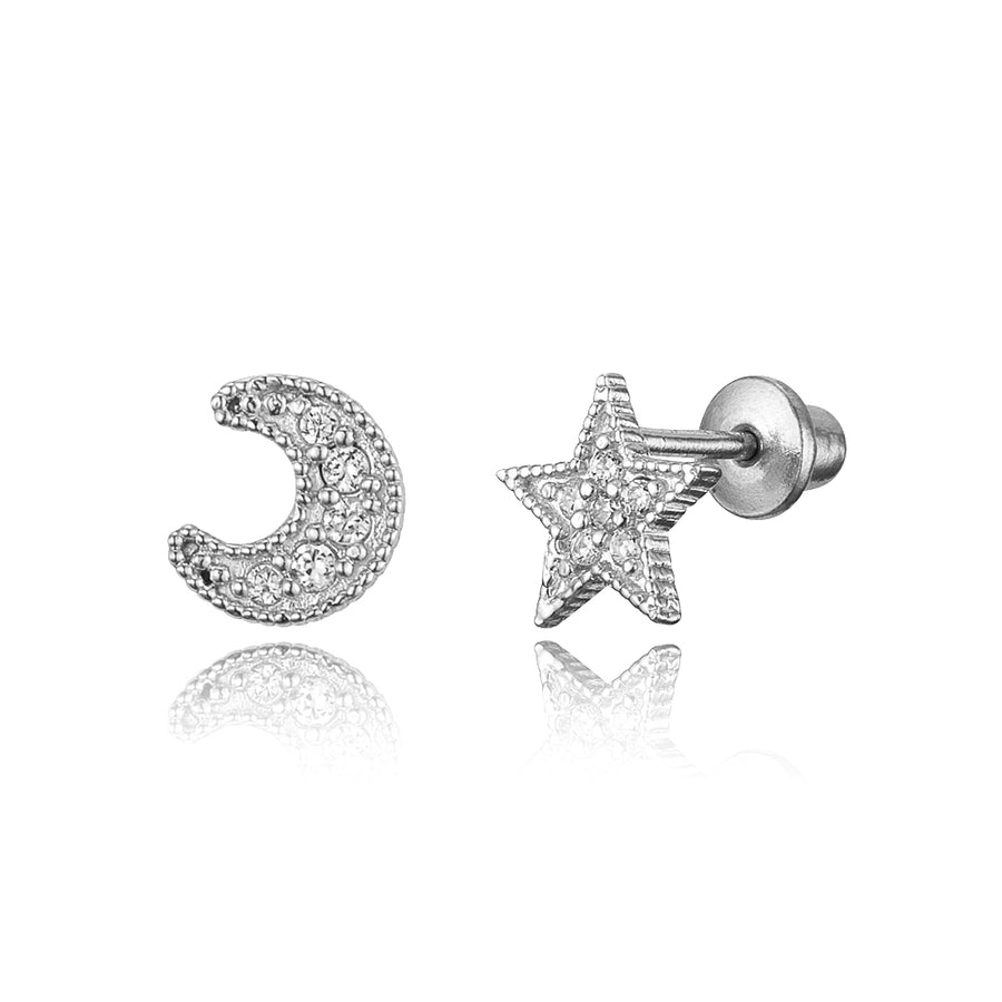 925 Sterling Silver Rhodium Plated Moon and Star CZ Screwback Baby Girl Earrings